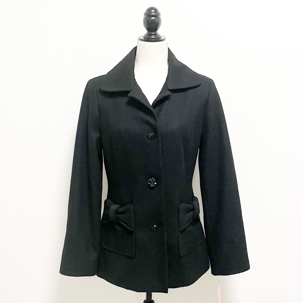 Betsey Johnson Black Wool Blend Button Up Coat Bow Pockets NWT 6 *Button Defect*